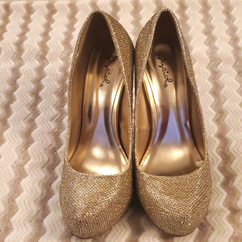 Women's Dressy Gold Glitter Graduation Prom Pumps Qupid Shoes Sz 5.5
